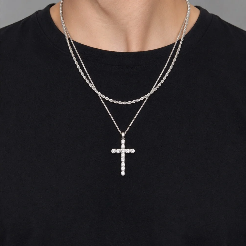 925 Sterling Silver 6.00CT MOISSANITE Cross Pendant Necklace Size 18”